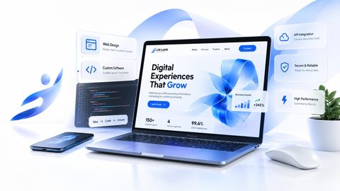 A commerce composite: storefront screens, product panels and a growth chart