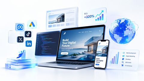 A search and analytics composite with a wireframe globe and the SEO and AEO service stack