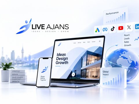 Social platform logos above a laptop and phone showing campaign performance