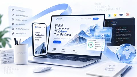 A laptop and phone showing a Live Ajans website build beside a code editor and a performance score